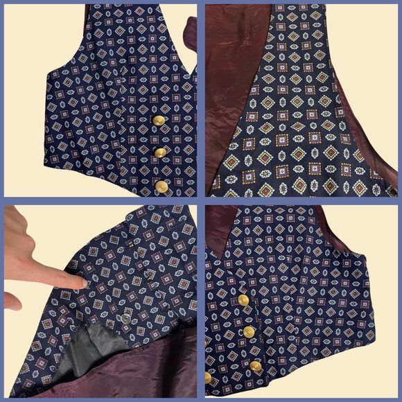 Vintage 70s vest, R.J. Stevens 1970s double breasted blue abstract pattered vest - Picture 2 of 6